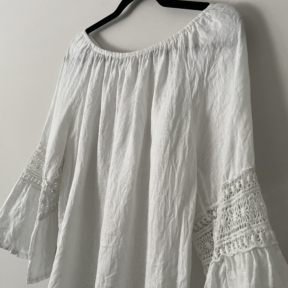 100% Linen Crochet Bell Sleeve Blouse White Sz L Lagenlook Minimalist Boho Italy - Picture 4 of 11